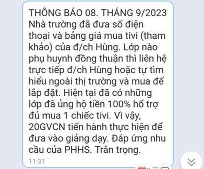 Thông báo việc huy động tiền mua tivi dịp đầu năm học