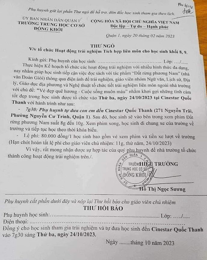 Bức thư ngỏ của nhà trường THCS Đồng Khởi được phụ huynh phản ánh