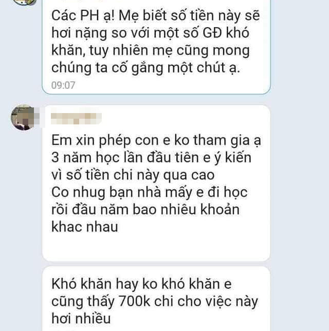 Một số phụ huynh không đồng tình với kế hoạch ngay trong nhóm chát hội phụ huynh của lớp - Ảnh chụp màn hình