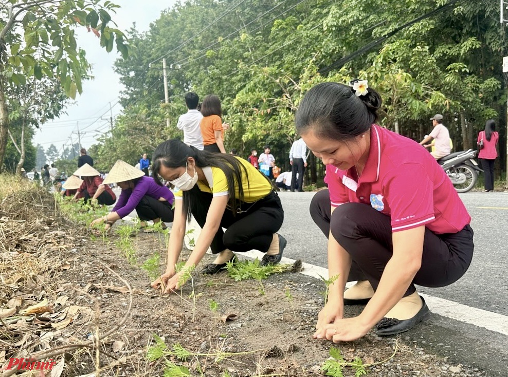 Rất đông chị em tham gia trồng cây , làm cảnh quan tuyến đường Bà Thiên 