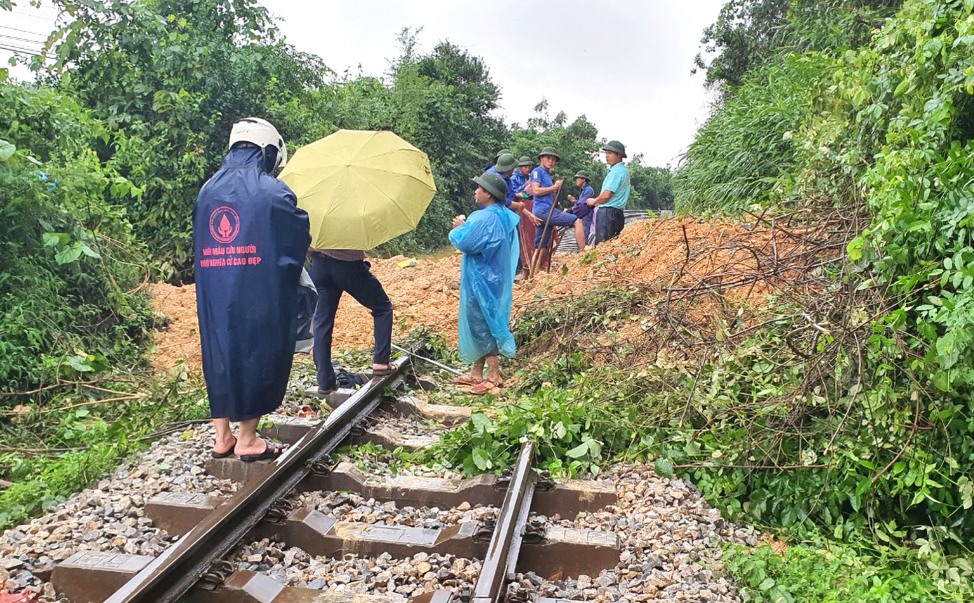 Nhiều đoạn đường sắt Bắc - Nam qua địa phận huyện Vũ Quang bị vùi lấp do sạt lở đất - Ảnh: Cao Hùng