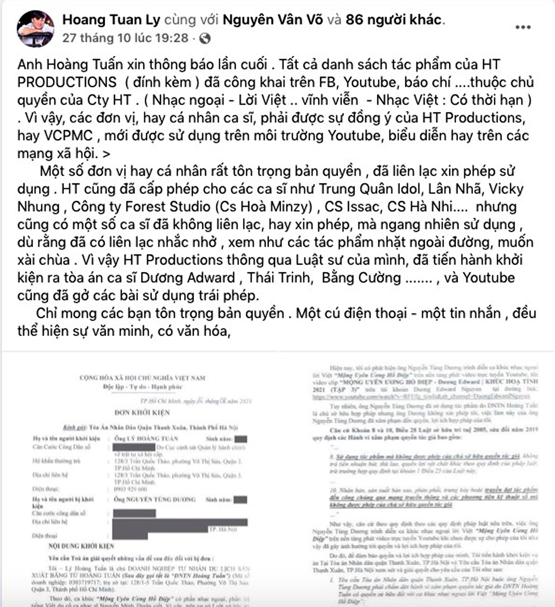 Thông báo khởi kiện của ông Hoàng Tuấn về việc các ca sĩ tự ý sử dụng  ca khúc do công ty ông sở hữu nhưng không xin phép - Ảnh chụp màn hình