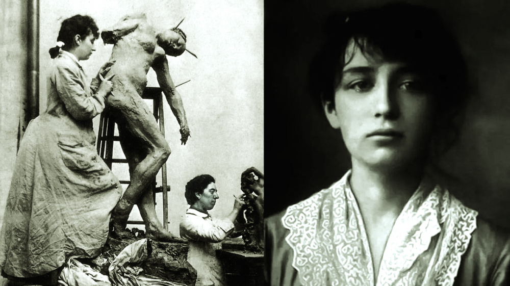 Camille Claudel (trái) trong xưởng điêu khắc ở Paris vào giữa những năm 1880 và chân dung ngoài đời thật - Ảnh tư liệu  