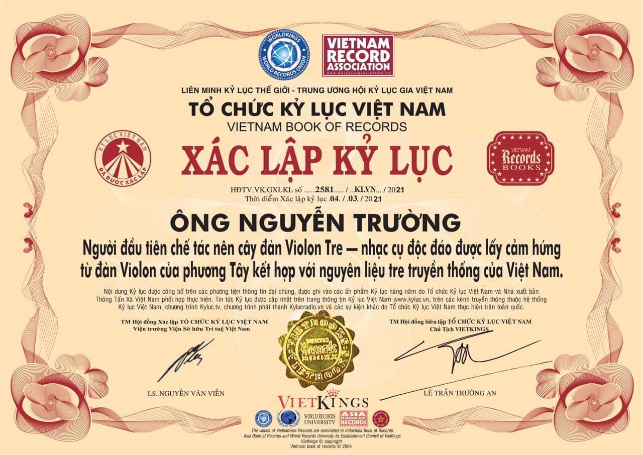 Năm 2021, nghệ sĩ Nguyễn Trường được Tổ chức kỷ lục Việt Nam xác lập kỷ lục là người đầu tiên chế tác nên cây đàn Violon tre – nhạc cụ độc đáo được lấy cảm hứng từ đàn Violon của phương Tây kết hợp với nguyên liệu tre truyền thống của Việt Nam. 