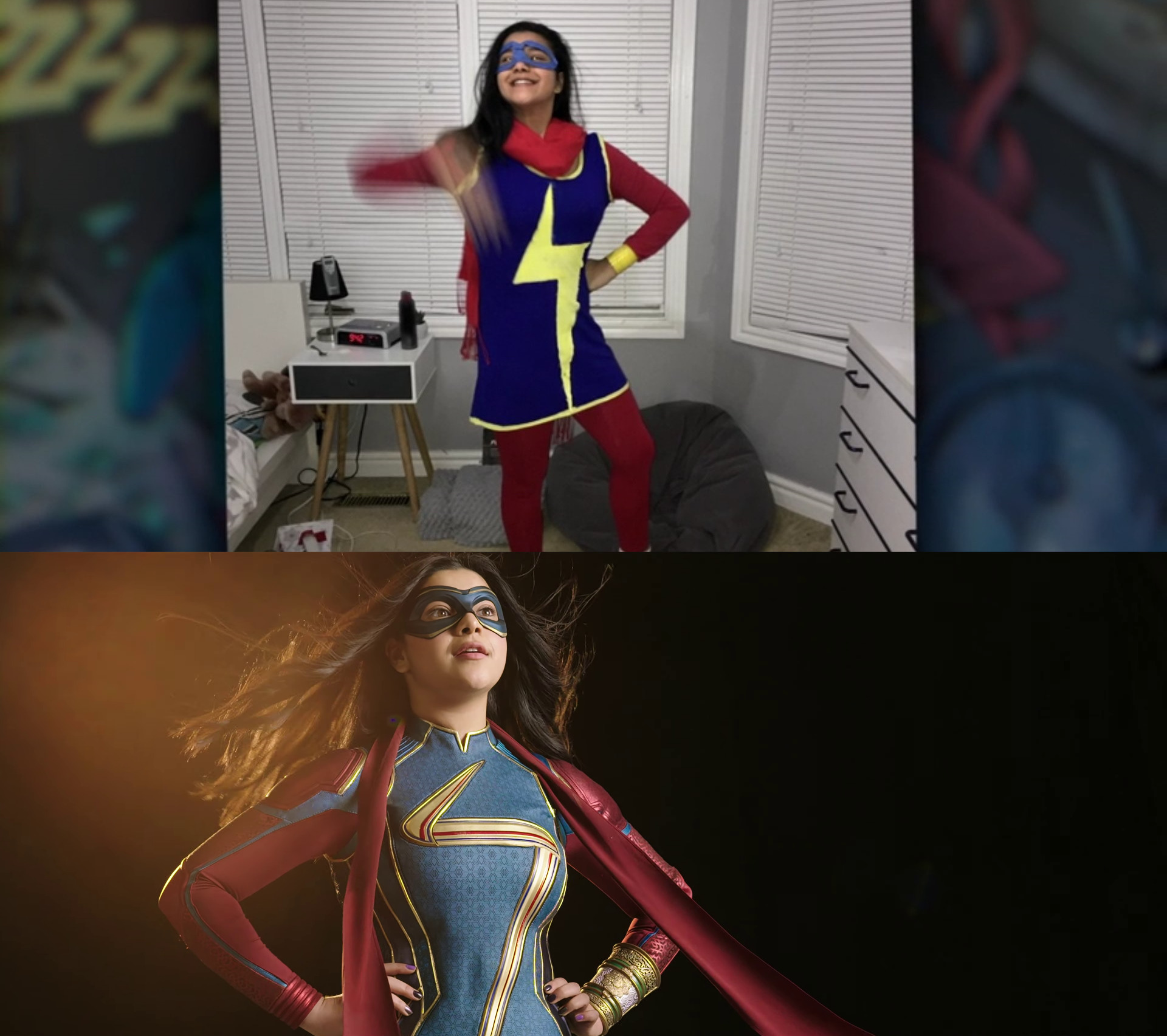 Năm 15 tuổi Iman từng cosplay thành Ms Marvel (ảnh trên) và khi 20 tuổi cô chính thức thành Ms Marvel trên màn ảnh