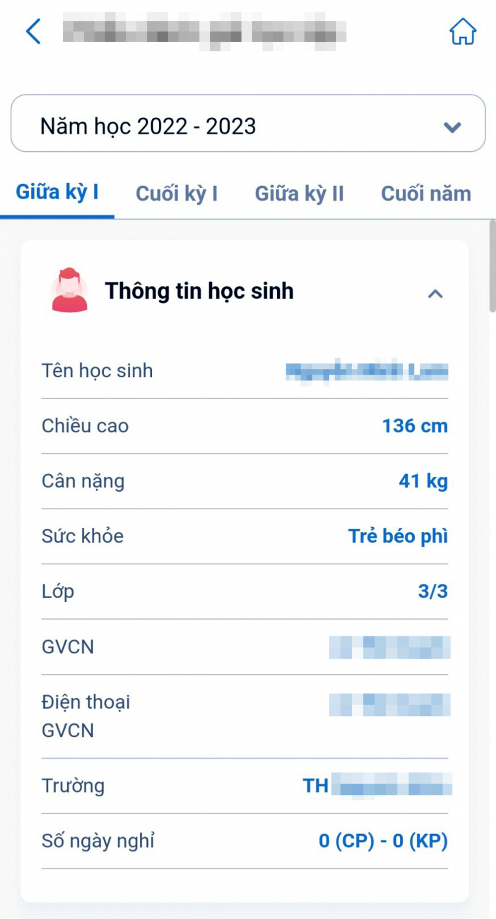 Phiếu đánh giá sức khỏe đầu năm của một học sinh lớp Ba tại trường tiểu học ở TPHCM bị béo phì