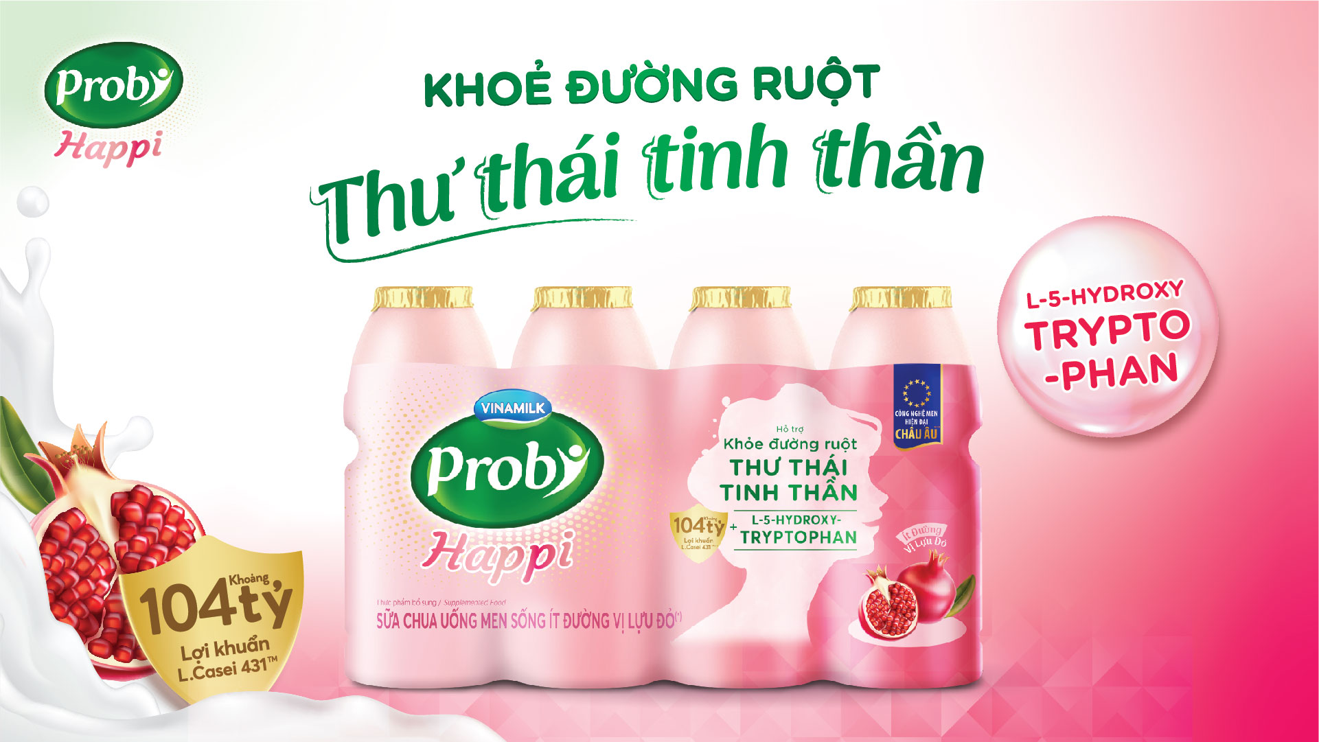 Sữa chua uống men sống ít đường vị lựu đỏ Probi Happi, bổ sung khoảng 104 tỉ lợi khuẩn Probiotics L. Casei 431TM từ châu Âu, cùng L-5-Hydroxytryptophan giúp khỏe đường ruột, thư thái tinh thần