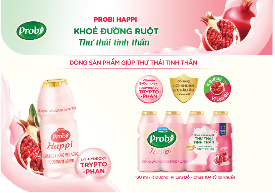 Sữa chua uống men sống ít đường vị lựu đỏ Probi Happi, bổ sung khoảng 104 tỉ lợi khuẩn Probiotics L. Casei 431TM từ châu Âu, cùng L-5-Hydroxytryptophan giúp khỏe đường ruột, thư thái tinh thần