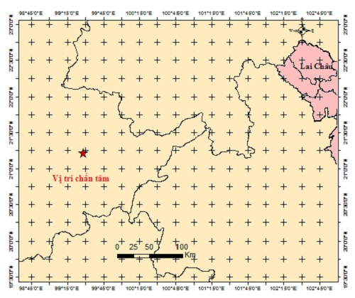 Vị trí xảy ra trận động đất tại khu vực biên giới Myanmar - Trung Quốc sáng nay - Ảnh: Viện Vật lý địa cầu