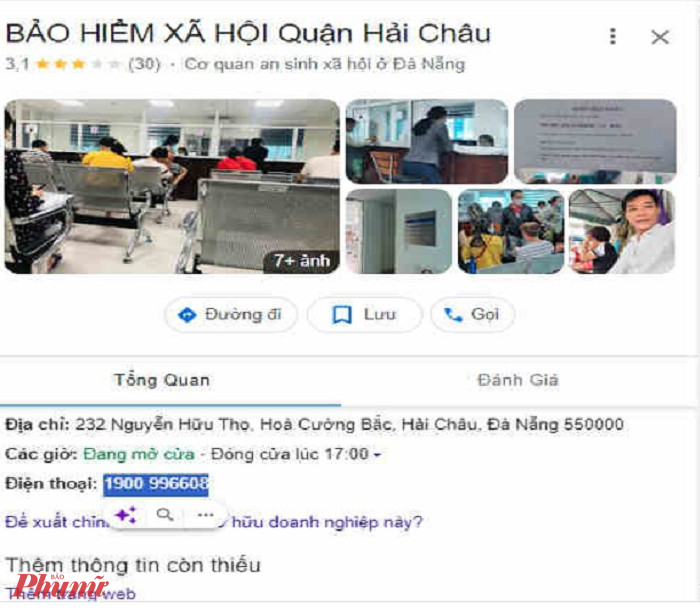 Số điện thoại của BHXH quận Hải Châu trên google map đã bị kẻ lừa đảo thay đổi