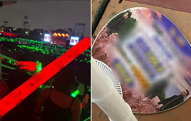 Lightstick và quạt in logo, hình ảnh sàn giao dịch tiền ảo, cá độ xuất hiện tại sự kiện.