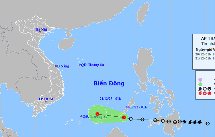 Vị trí và đường đi của áp thấp nhiệt đới. Ảnh: NCHMF