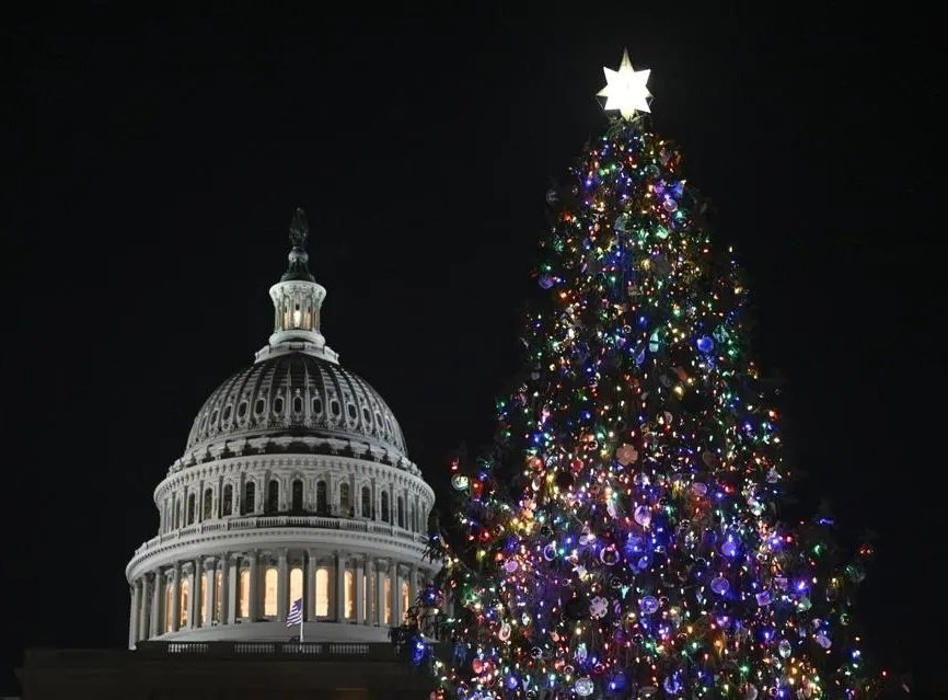Cây thông Giáng sinh được chiếu sáng tại bãi cỏ phía tây Điện Capitol - trụ sở Quốc hội Mỹ ở Washington, DC