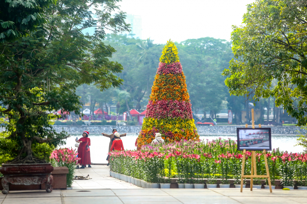 Cây thông Noel cao 5m được tạo thành từ hơn 2000 cành hoa ly nổi bật giữa công viên.