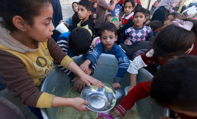 Trẻ em Palestine thu thập thực phẩm tại một điểm quyên góp do một nhóm từ thiện cung cấp ở thành phố Rafah phía nam vào ngày 6 tháng 12 năm 2023. [Mohammed Abed/AFP]Theo báo cáo của Liên Hợp Quốc và các cơ quan khác công bố hôm 28/12, hơn nửa triệu người ở Gaza -1/4dân số - đang chết đói.