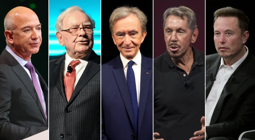 5 tỷ pohu1 Jeff Bezos, Warren Buffett, Bernard Arnault, Larry Ellison và Elon Musk đã trở nên giàu có hơn rất nhiều trong những năm gần đây.