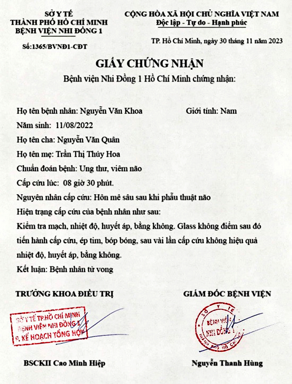 Một tài liệu do kẻ xấu làm giả để lừa đảo xin hỗ trợ - Ảnh do bệnh viện cung cấp