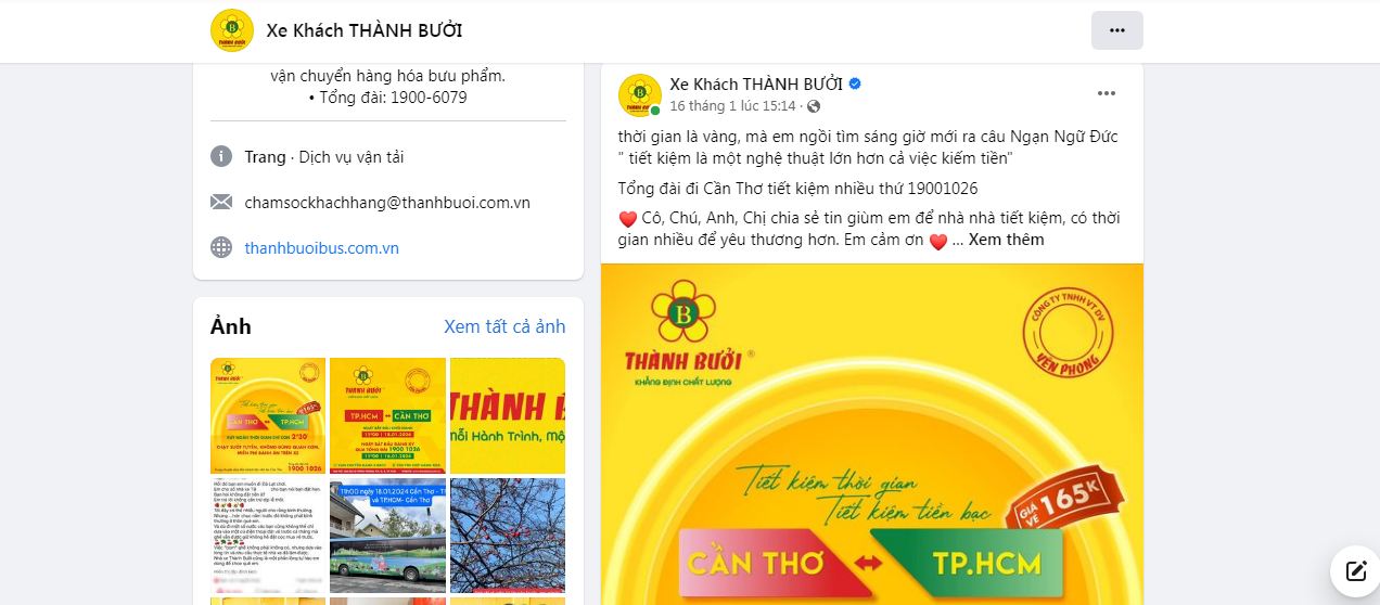 Bài đăng tải trên trang Fanpage của xe khách Thành Bưởi.