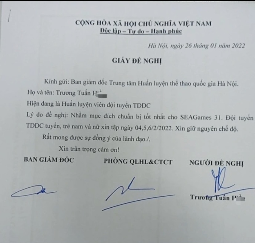 Một phiếu đăng ký tập luyện, nhưng theo VĐV Phạm Như Phương, các VĐV và HLV đều không tập vào ngày cuối tuần