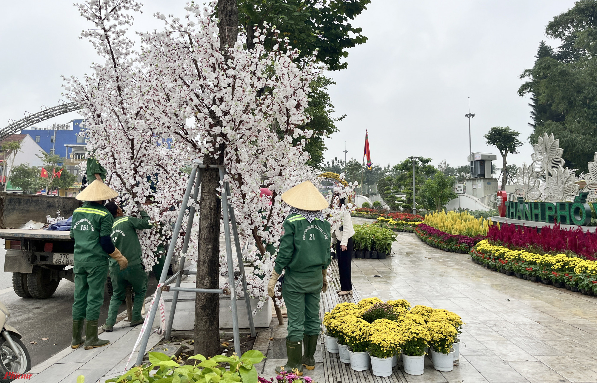 Sáng 5/2, trên vườn hoa nghệ thuật phố đi bộ Hồ Tùng Mậu (TP Vinh, tỉnh Nghệ An), nhiều công nhân Công ty CP Công viên cây xanh TP Vinh vẫn đang hoàn thiện những khâu lắp đặt, trang trí cuối cùng cho tại vườn hoa nghệ thuật.