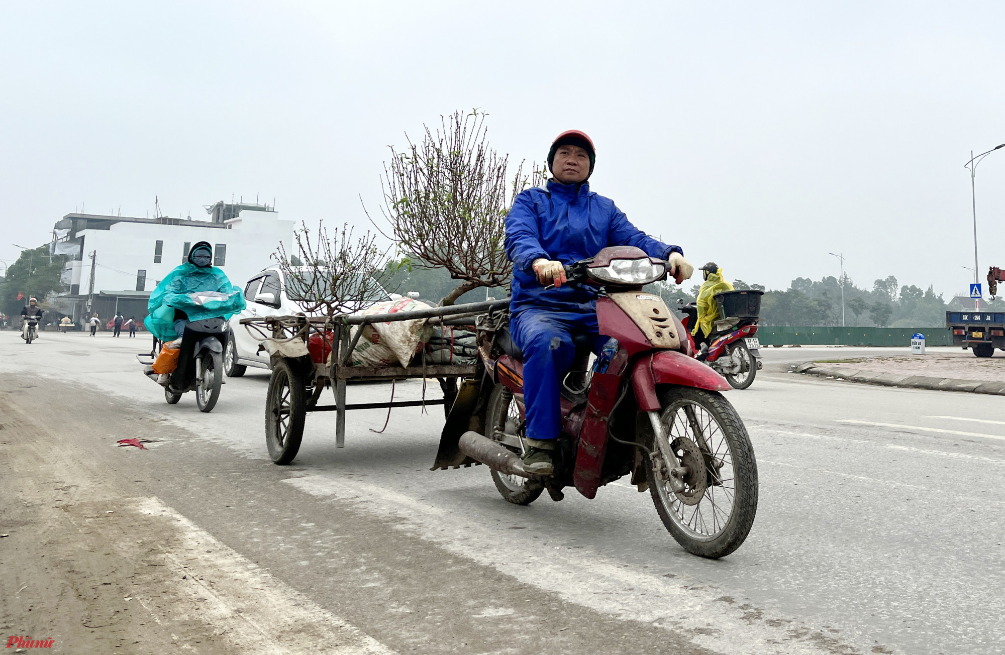 Ngoài những người làm nghề lái xích lô, dịp này nhiều lao động làm nghề tự do cũng nghỉ việc đi chở cây cảnh thuê. Phần lớn họ dùng xe lôi buộc vào sau xe máy để vận chuyển.