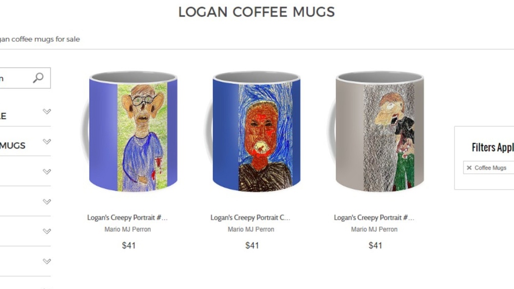 Những chiếc cốc in hình ảnh tác phẩm hội họa của học sinh với giá bán được niêm yết công khai trên các trang thương mại trực tuyến - Ảnh: CTV News 
