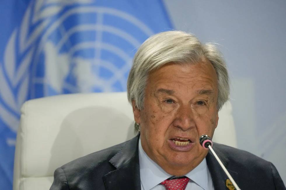 Tổng thư ký Liên Hợp Quốc António Guterres phát biểu trong cuộc họp báo tại hội nghị thượng đỉnh của nhóm BRICS ở Johannesburg, Nam Phi, vào ngày 24/8/2023 — Ảnh: AP