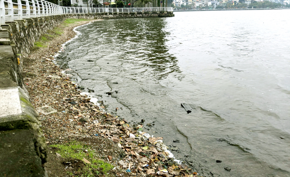 Góc Hồ Tây ở đoạn phố Nguyễn Đình Thi đầy rác, nước hồ nổi bọt trắng