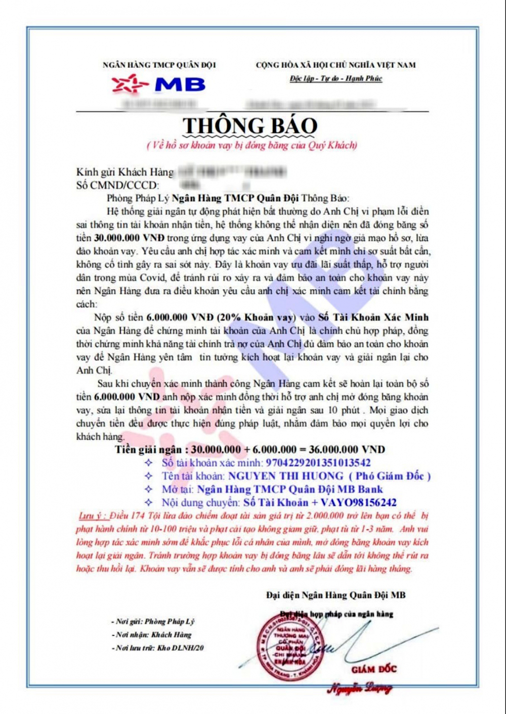 Các đối tượng giả mạo công văn của MB Bank để lừa đảo người vay tiền - Ảnh do nạn nhân cung cấp