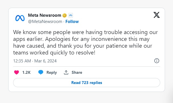 Công ty Meta đưa ra tuyên bố về lỗi kỹ thuật và gửi lời xin lỗi trên mạng xã hội X