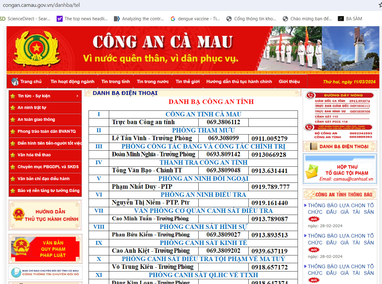 Danh bạ Công an tỉnh Cà Mau đăng công khai trên website http://congan.camau.gov.vn/danhba/tel