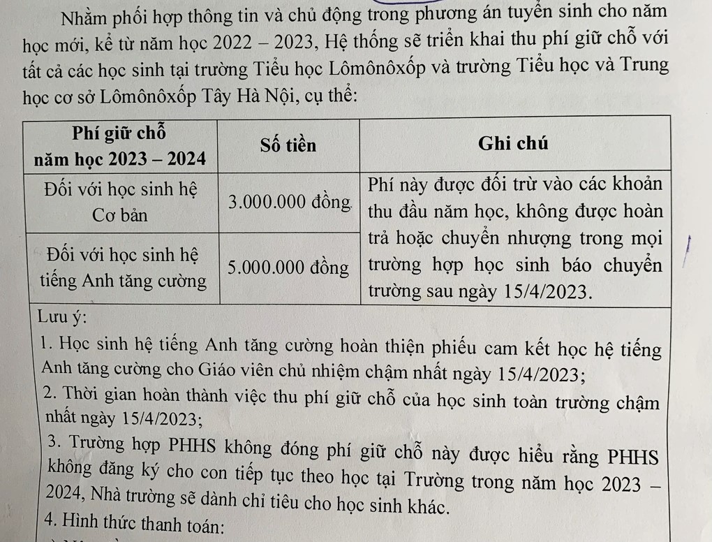 Thông báo thu phí đặt cọc giữ chỗ của hệ thống liên cấp Lômônôxốp Tây Hà Nội năm học 2022 - 2023