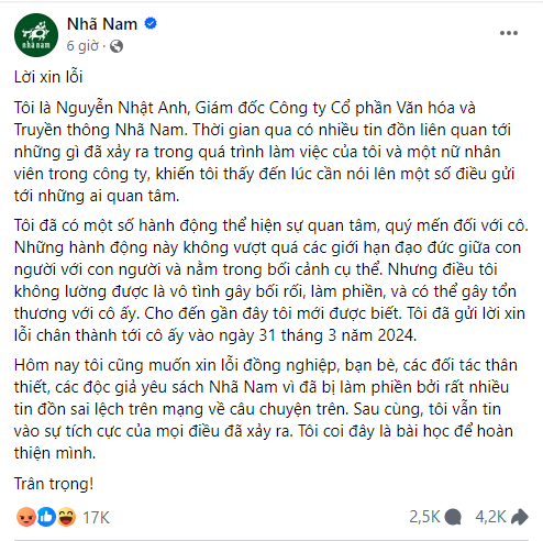 Lời xin lỗi của ông Nguyễn Nhật Anh trên fanpage của nhà sách Nhã Nam
