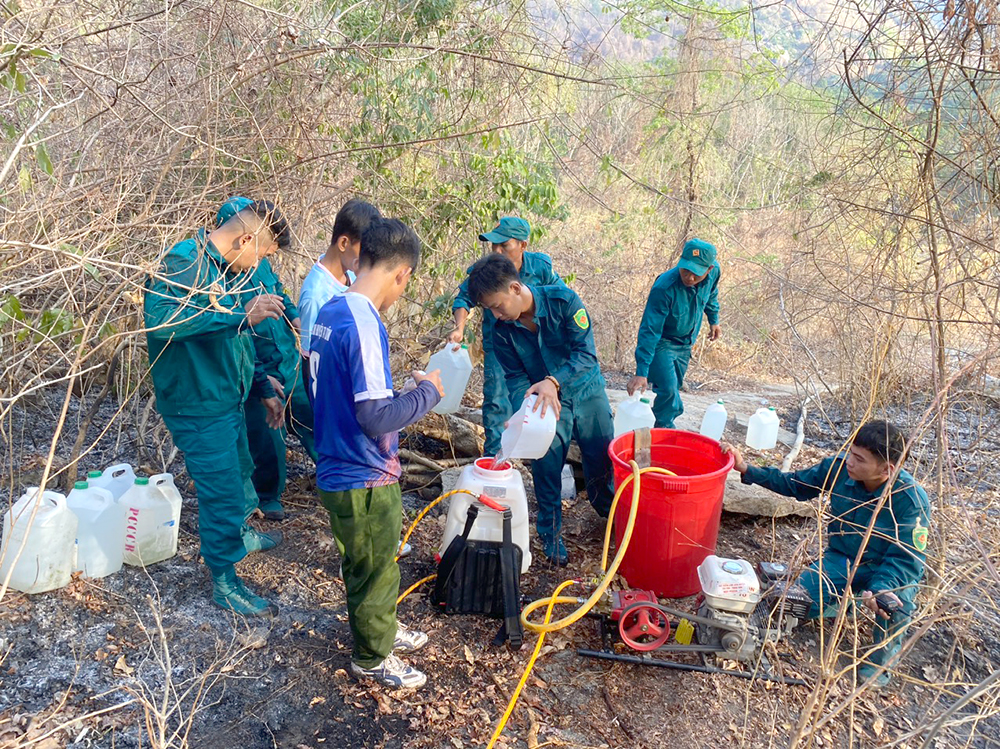 Huyện Tri Tôn huy động nhiều lực lượng tham gia chữa cháy rừng trên núi Cô Tô. Ảnh: Báo An Giang