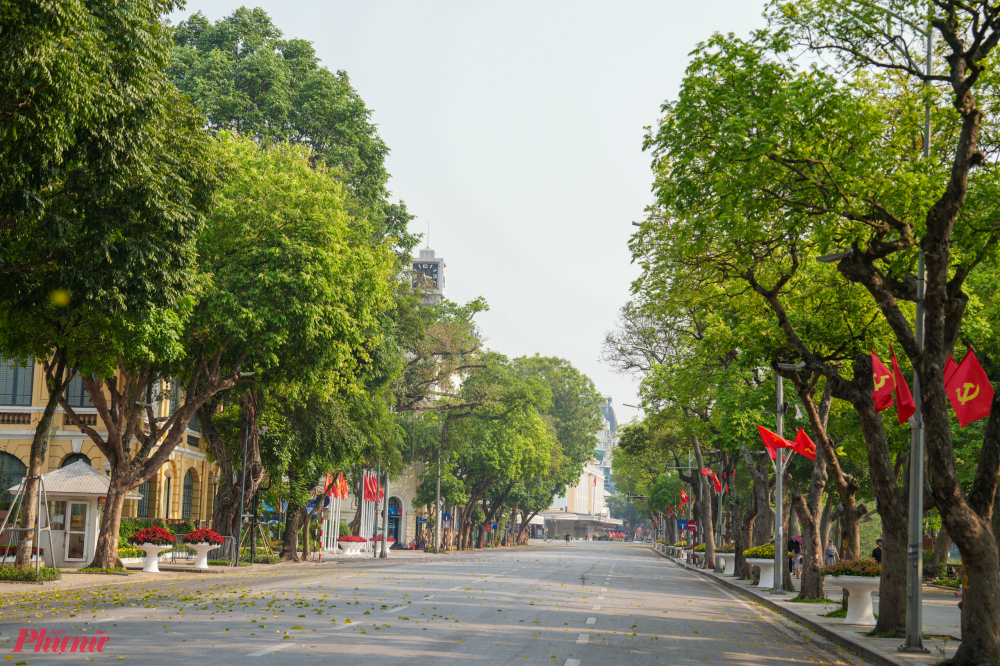 Đoạn phố Đinh Tiên Hoàng qua tượng đài Lý Thái Tổ và UBND TP Hà Nội vắng hoe người.