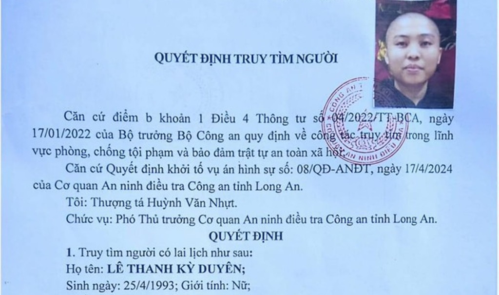 Lê Thanh Kỳ Duyên đang bị truy tìm