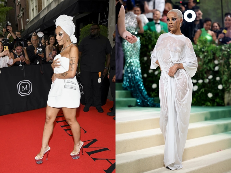  Đến Met Gala 2024, Doja Cat diện chiếc váy thấm nước, kết hợp với kiểu trang điểm chảy nước mắt, nữ ca sĩ trông như vừa bước ra khỏi phòng tắm. Trước đó trên đường đi tới sự kiện, cô gây sốc khi chỉ quấn khăn tắm.