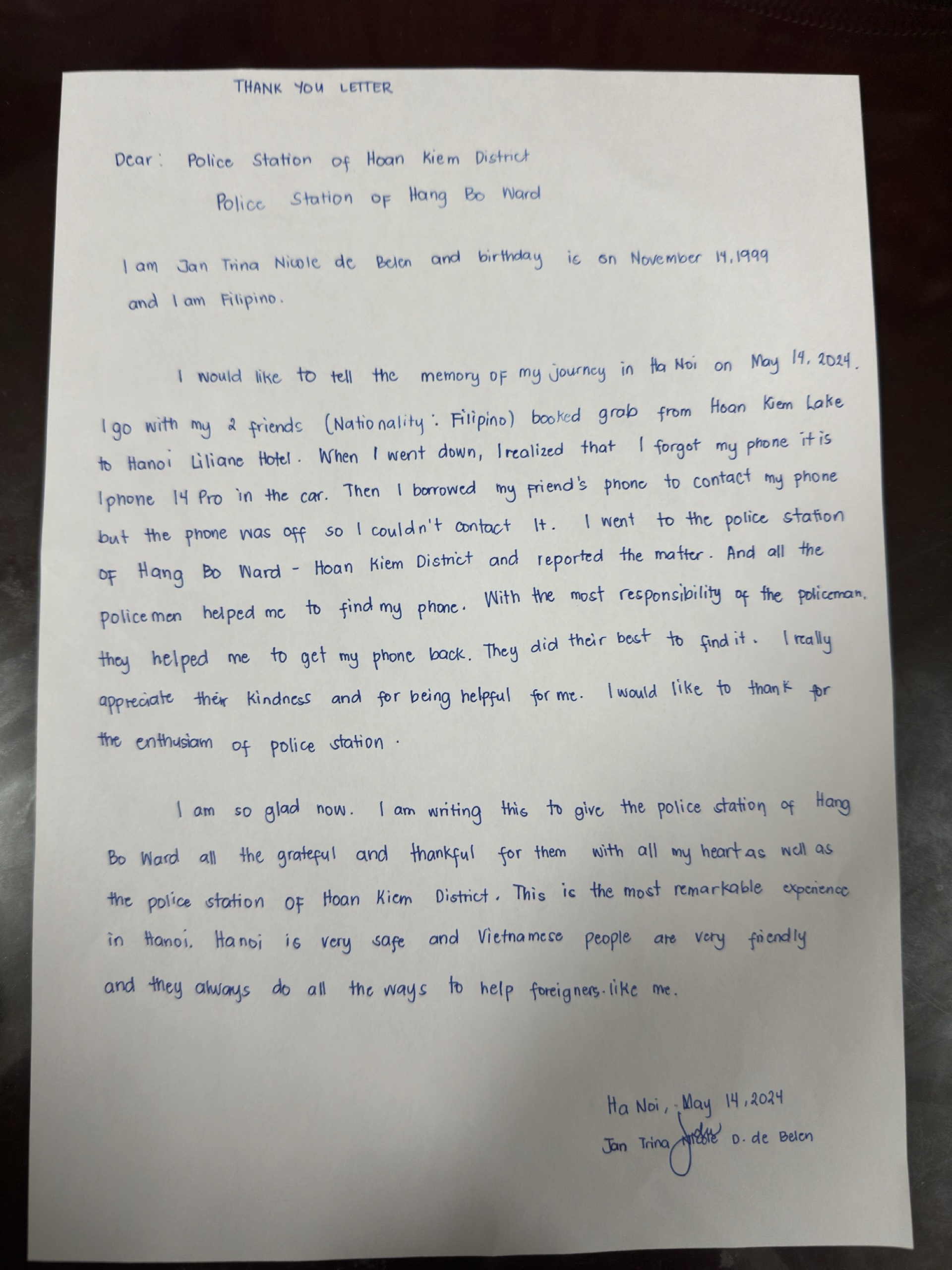 Bức thư cảm ơn của Trina Nicole gửi lực lượng Công an Thủ đô 