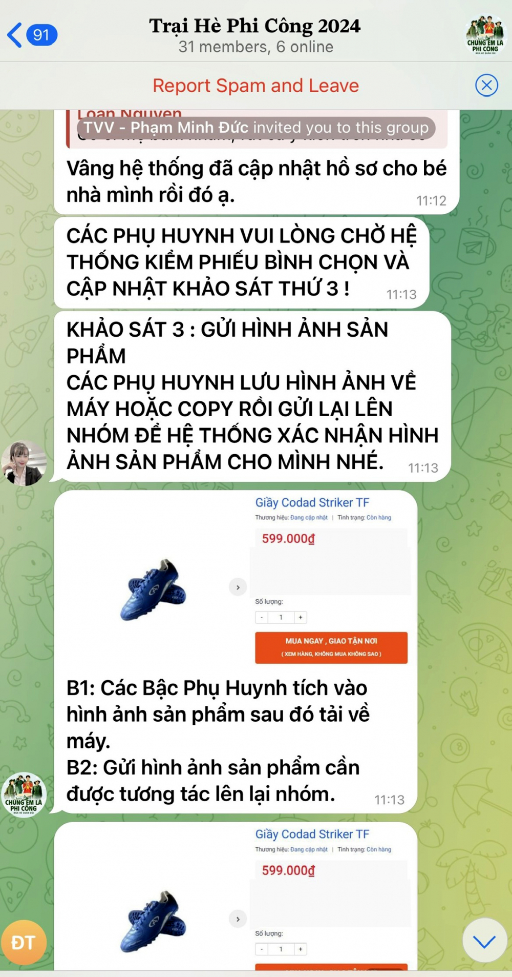 Phụ huynh tìm hiểu về khóa học hè bị dẫn dụ vào một nhóm trên ứng dụng Telegram, tham gia các thử thách bằng cách chuyển tiền để tương tác - Ảnh chụp màn hình