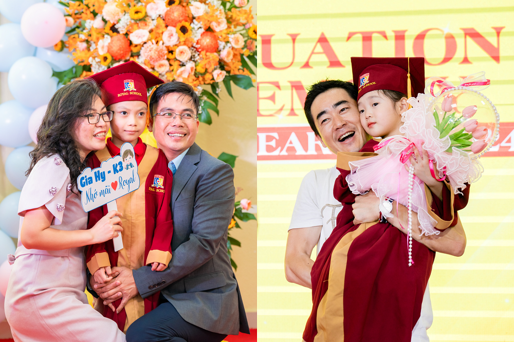 Cùng ánh mắt tự hào của ba mẹ, những cái ôm đầy yêu thương của thầy cô, học sinh khối K chính thức tốt nghiệp với hạnh phúc đong đầy - Ảnh: Royal School