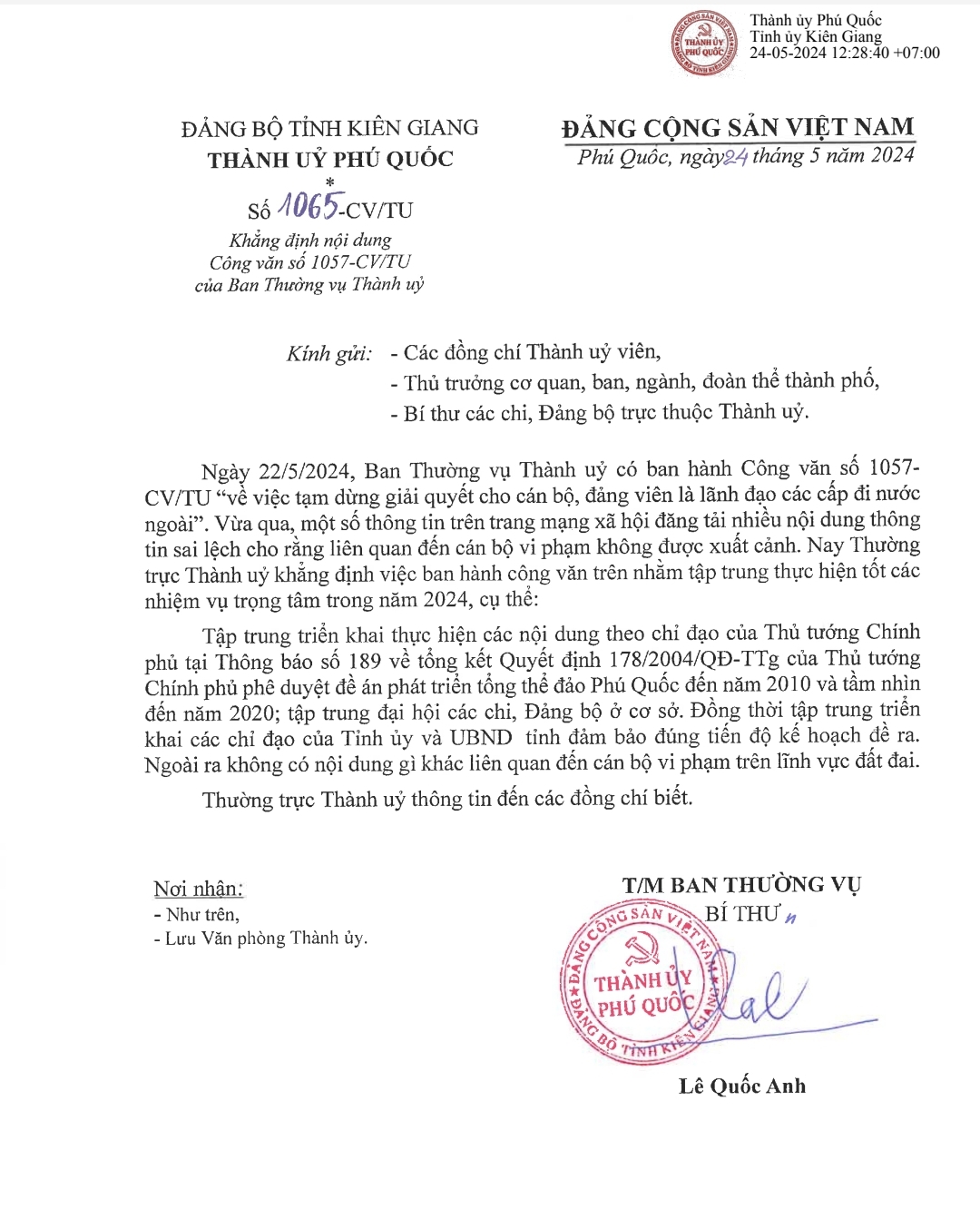 Thành ủy Phú Quốc (Kiên Giang) cho biết, vừa có công văn khẳng định về việc tạm dừng giải quyết cho cán bộ, đảng viên là lãnh đạo đi nước ngoài không liên quan đến việc xử lý đất đai,