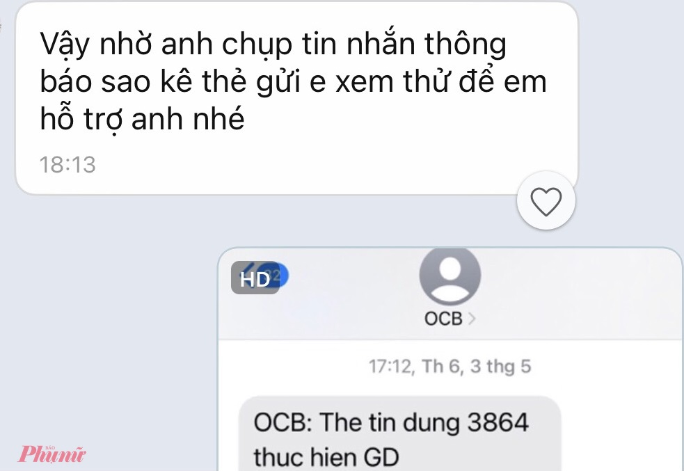 Đối tượng nhắn tin yêu cầu anh Cường chụp màn hình tin nhắn sao kê thẻ với mục đích muốn biết số thẻ của anh Cường để dễ dẫn dắt anh vào bẫy - Ảnh: Nạn nhân cung cấp