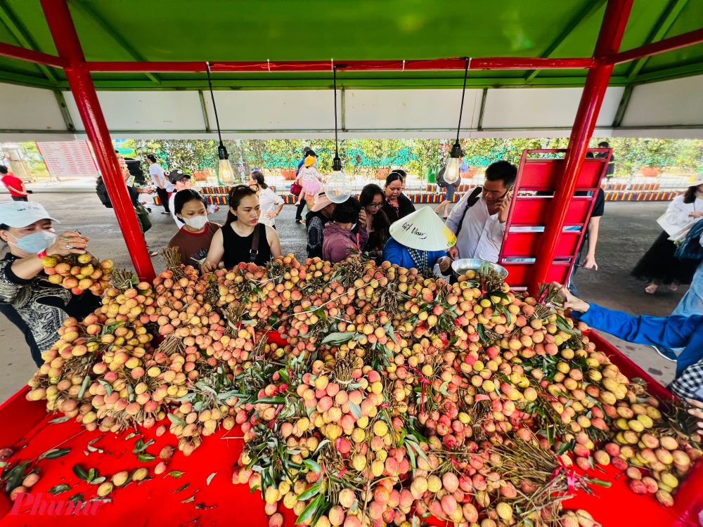 Sau khoảng nửa tiếng quay trở lại, quầy vải đã với đi hơn phân nửa, lượng khách vẫn khá đông đúc lựa mua.