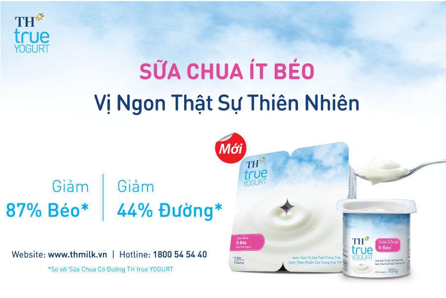 Sữa chua ít béo TH true YOGURT có thành phần giảm khoảng 87% chất béo và trên 44% lượng đường bổ sung