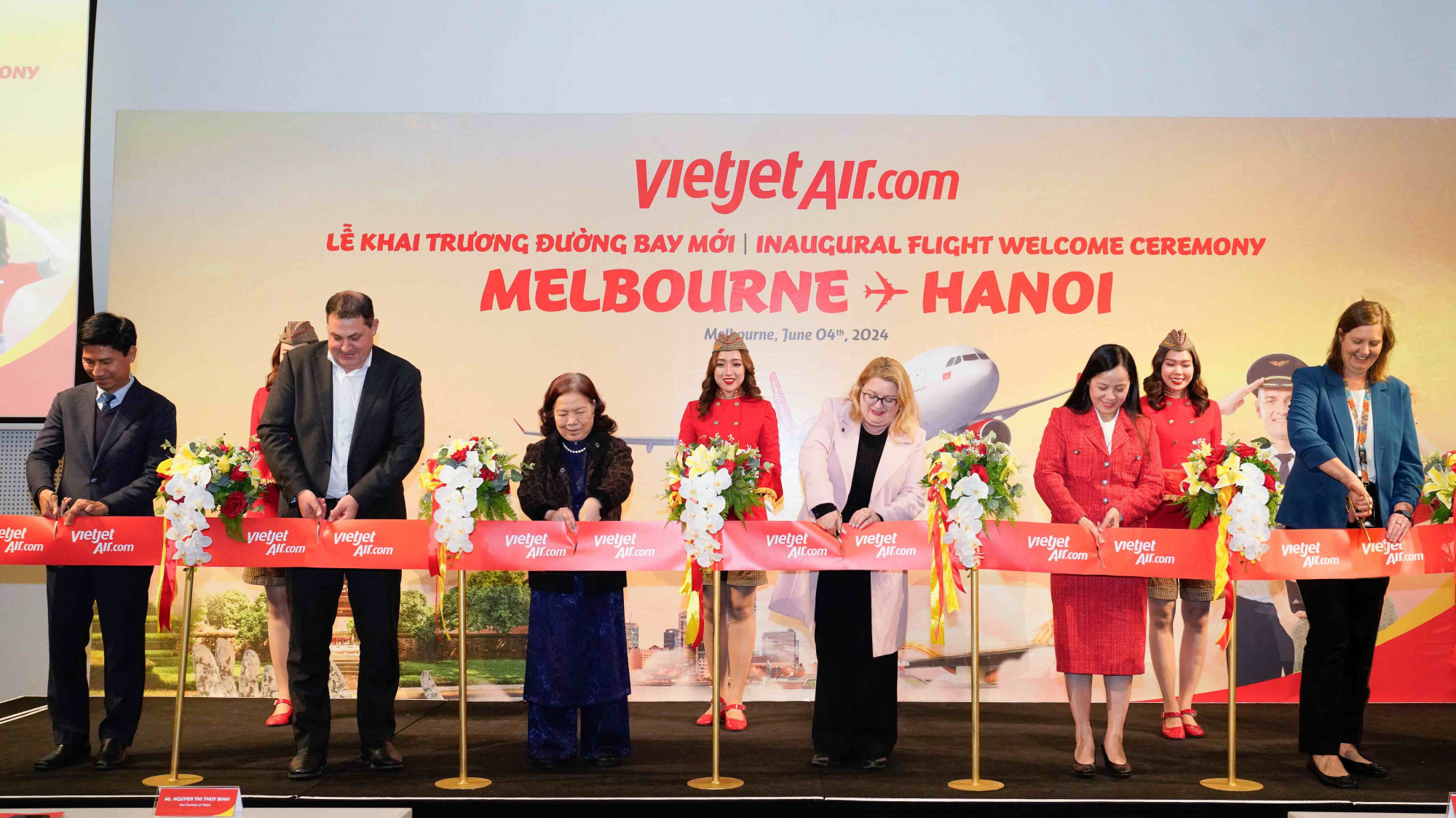 Lễ khai trương đường bay mới Hà Nội - Melbourne diễn ra tại Melbourne (Australia) sáng ngày 4/6/2024 - Ảnh: Vietjet