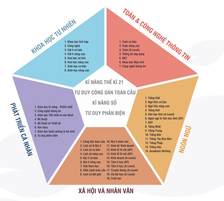 Các môn học tại Vinschool được tổ chức theo mô hình 5 lĩnh vực và đều đáp ứng các yêu cầu cần đạt trong chương trình của Bộ Giáo dục và Đào tạo và chuẩn đầu ra của các chương trình quốc tế uy tín