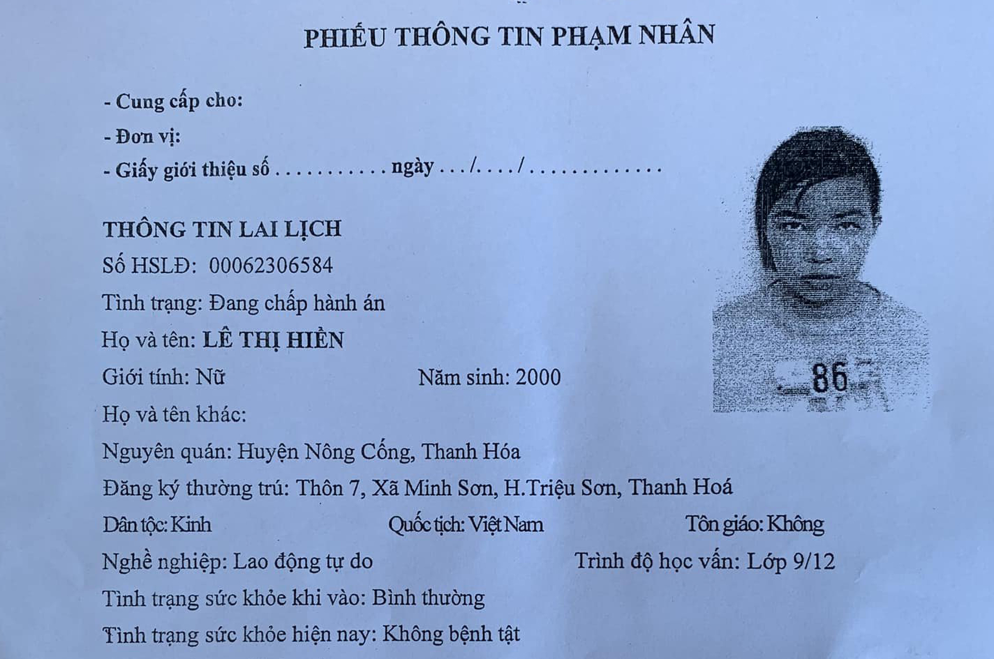 Phiếu thông tin phạm nhân Lê Thị Hiền - Ảnh: Hoàng Anh