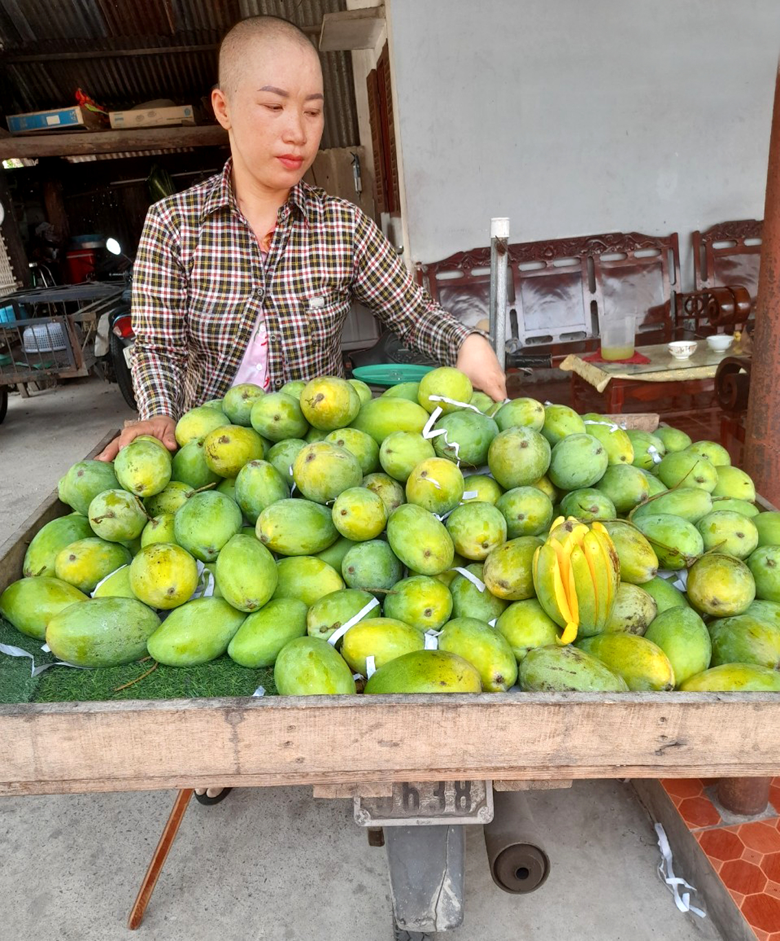 Dù rất yếu nhưng chị Thúy vẫn gắng gượng phụ chồng trong việc buôn bán