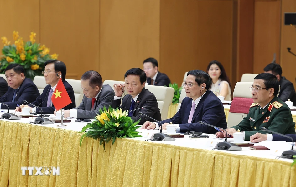 Thủ tướng Phạm Minh Chính phát biểu tại cuộc hội kiến Tổng thống Liên bang Nga Pladimir Putin. (Ảnh: Dương Giang/TTXVN)