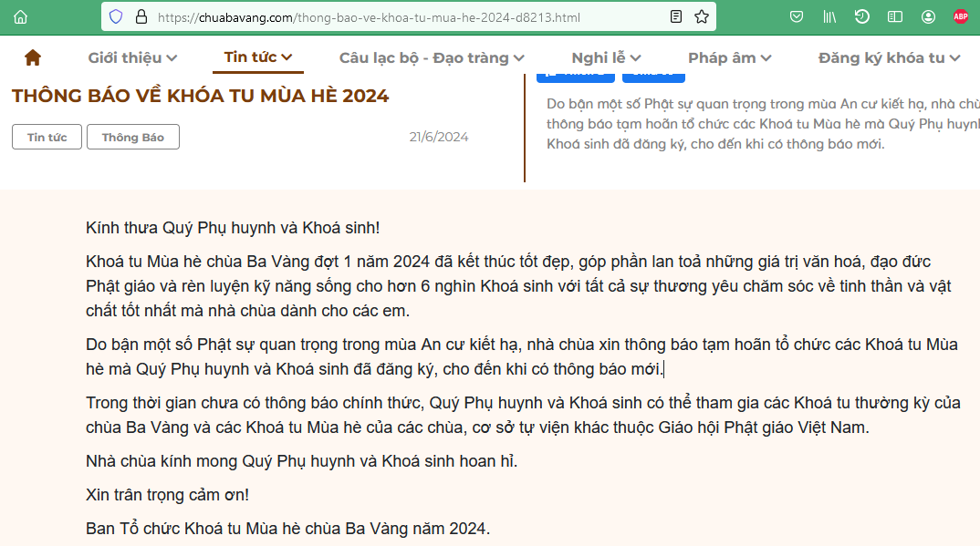 Thông báo trên trang web chùa Ba Vàng (Ảnh chụp màn hình)